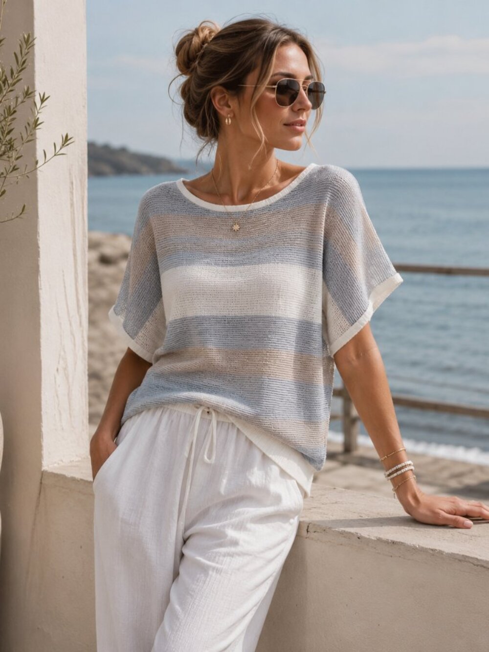 Takara Striped Knit Top Womens XL Gray Beige Gold‎ Short Sleeve Metallic Chic